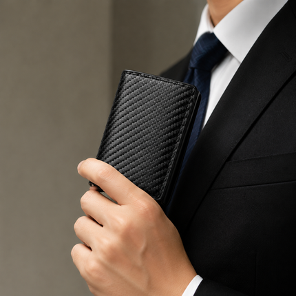 Black Carbon Fiber texture RFID Wallet - Automatic Pop-Up Card Holder with Aluminium Frame - Slim Minimalist Design for Men, Travel and Daily Use