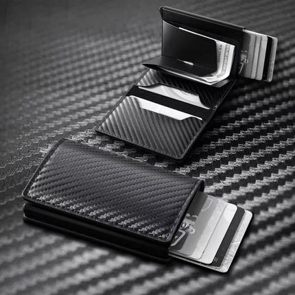 Pink Carbon Fiber texture RFID Wallet - Automatic Pop-Up Card Holder with Aluminium Frame - Slim Minimalist Design for Men, Travel and Daily Use