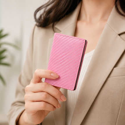 Pink Carbon Fiber texture RFID Wallet - Automatic Pop-Up Card Holder with Aluminium Frame - Slim Minimalist Design for Men, Travel and Daily Use