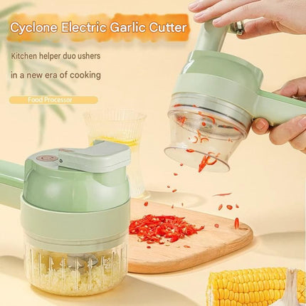 Green Multifunctional Electric Handheld Food Processor - ABS and PP with 201 Stainless Steel Blade - Rechargeable Vegetable Chopper Slicer Garlic Mincer with Cleaning Brush for Kitchen Prep