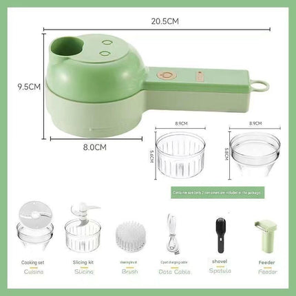 Seasoning Preparation and Storage Set-Green Electric Handheld Food Processor With Light Blue lid and Purple lid 4oz Glass  Storage Jars - USB-C Charging - Multi-Function Chopper, Slicer and Cleaning Brush Set for Garlic Vegetables