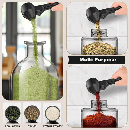 2 pcs Black Sliding Coffee Scoop  - Long Handle Plastic Measuring Spoon for Ground Coffee and Tea Leaves and Pepper and Protein Powder - Storage Design for Kitchen Organisation