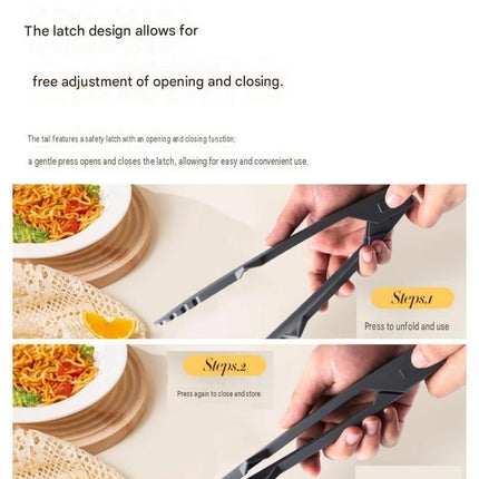 Grey Foldable Nylon Kitchen Tongs - Self-Standing Design with Serrated Grip and Locking Clip - Heat Resistant Food Serving Tool for BBQ, Pasta, Salad and Baking