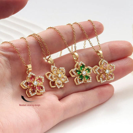 Red Rotating Bauhinia Zircon Flower Pendant Necklace - Alloy and Zircon - 15mm Pendant, 40+5cm Chain, Design for Women, Fashionable Collarbone Jewelry Gift