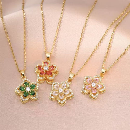 Red Rotating Bauhinia Zircon Flower Pendant Necklace - Alloy and Zircon - 15mm Pendant, 40+5cm Chain, Design for Women, Fashionable Collarbone Jewelry Gift