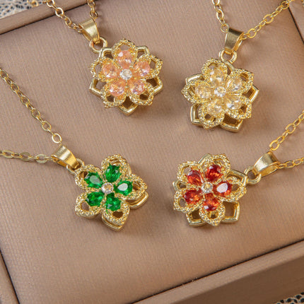 Pink Rotating Bauhinia Zircon Flower Pendant Necklace - Alloy and Zircon - 15mm Pendant, 40+5cm Chain, Design for Women, Fashionable Collarbone Jewelry Gift