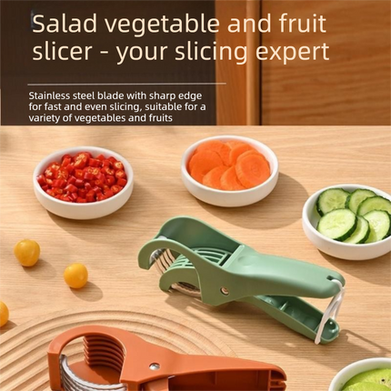Green Multifunctional Fruit and Vegetable Slicer - Stainless Steel Blades, ABS Handle - One-Press Uniform Slicing for Banana, Cucumber, Ham, Kitchen Prep Tool with Hanging Hook
