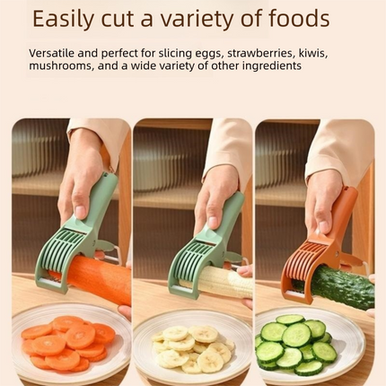 Green Multifunctional Fruit and Vegetable Slicer - Stainless Steel Blades, ABS Handle - One-Press Uniform Slicing for Banana, Cucumber, Ham, Kitchen Prep Tool with Hanging Hook