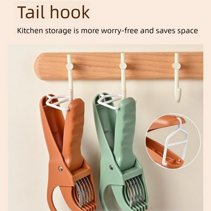 Green Multifunctional Fruit and Vegetable Slicer - Stainless Steel Blades, ABS Handle - One-Press Uniform Slicing for Banana, Cucumber, Ham, Kitchen Prep Tool with Hanging Hook