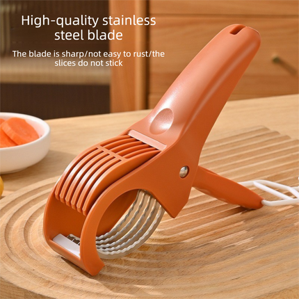 Red Multifunctional Fruit and Vegetable Slicer - Stainless Steel Blades, ABS Handle - One-Press Uniform Slicing for Banana, Cucumber, Ham, Kitchen Prep Tool with Hanging Hook