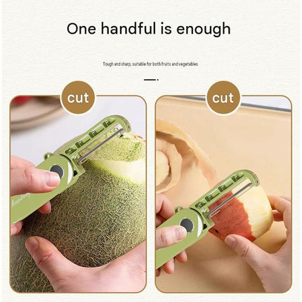 Home Fruit & Vegetable Peeling and Slicing Prep Set-White Folding Peeler and Green Fruit Slicer - Portable Stainless Steel Kitchen Tools for Camping, Home Use, and Travel