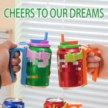Green Soda Can Lid and Handle Holder Set - Anti-Overflow Plastic Cover with Straw and Suction Cup Grip for 12oz Cans, Portable Drink Accessory for Parties and Travel