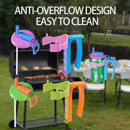 Blue Soda Can Lid and Handle Holder Set - Anti-Overflow Plastic Cover with Straw and Suction Cup Grip for 12oz Cans, Portable Drink Accessory for Parties and Travel