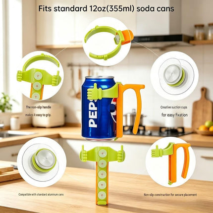 Grey Soda Can Holder with Handle and Suction Cups - Portable Plastic Stand for 12oz Cans, Anti-Slip Grip for Parties, Camping, and Home Use