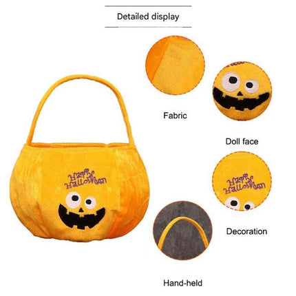 Pumpkin design wearing a hat - Plush Halloween Trick or Treat Candy Bag - Polyester  Tote with Embroidered Face, Lightweight Portable Goody Pouch for  Party Favors and Trick or Treating