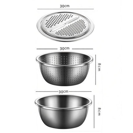 Extra-large size Multifunctional Stainless Steel Vegetable Slicer and Grater Bowl Set - 3-in-1 Kitchen Tool with Colander, Julienne Disc, and Deep Basin for Washing, Draining, Slicing, and Shredding Vegetables