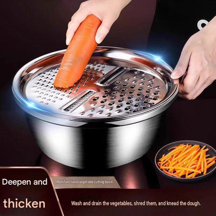 Extra-large size Multifunctional Stainless Steel Vegetable Slicer and Grater Bowl Set - 3-in-1 Kitchen Tool with Colander, Julienne Disc, and Deep Basin for Washing, Draining, Slicing, and Shredding Vegetables