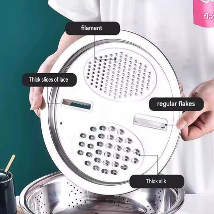Extra-large size Multifunctional Stainless Steel Vegetable Slicer and Grater Bowl Set - 3-in-1 Kitchen Tool with Colander, Julienne Disc, and Deep Basin for Washing, Draining, Slicing, and Shredding Vegetables