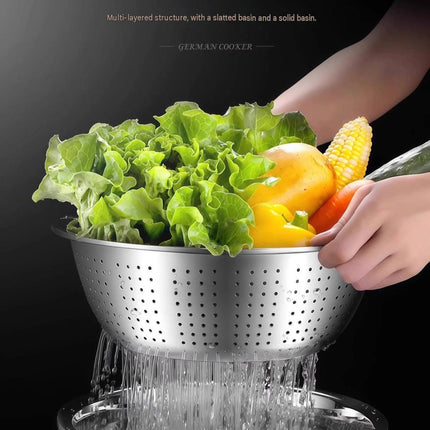 Extra-large size Multifunctional Stainless Steel Vegetable Slicer and Grater Bowl Set - 3-in-1 Kitchen Tool with Colander, Julienne Disc, and Deep Basin for Washing, Draining, Slicing, and Shredding Vegetables