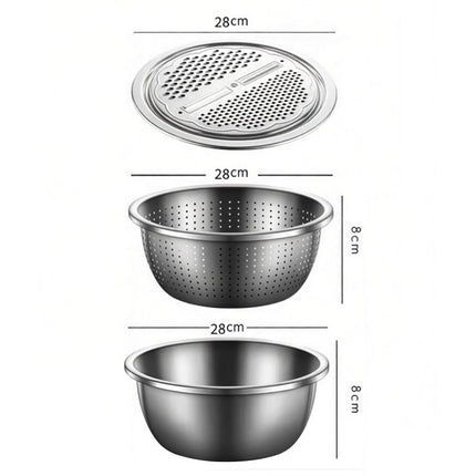 Large size Multifunctional Stainless Steel Vegetable Slicer and Grater Bowl Set - 3-in-1 Kitchen Tool with Colander, Julienne Disc, and Deep Basin for Washing, Draining, Slicing, and Shredding Vegetables