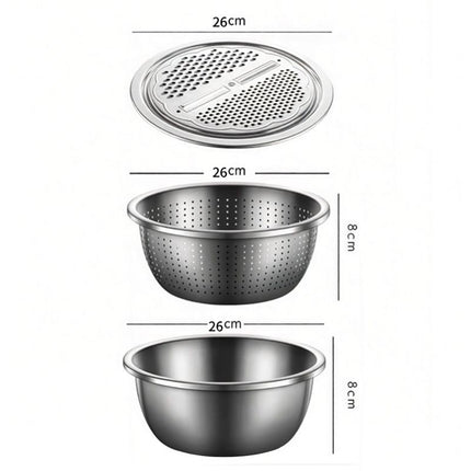 Medium size Multifunctional Stainless Steel Vegetable Slicer and Grater Bowl Set - 3-in-1 Kitchen Tool with Colander, Julienne Disc, and Deep Basin for Washing, Draining, Slicing, and Shredding Vegetables