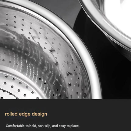 Small size Multifunctional Stainless Steel Vegetable Slicer and Grater Bowl Set - 3-in-1 Kitchen Tool with Colander, Julienne Disc, and Deep Basin for Washing, Draining, Slicing, and Shredding Vegetables