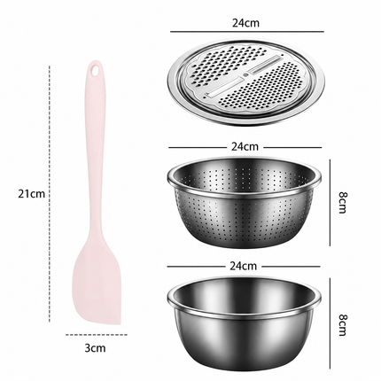 Home Salad Preparation Kit-Multifunctional Stainless Steel Vegetable Grater Bowl Set and Silicone Spatula - 28cm Kitchen Prep Tool for Slicing, Shredding, Washing and Mixing