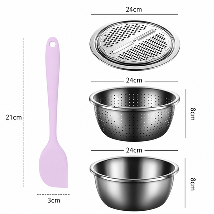Home Salad Preparation Kit-Multifunctional Stainless Steel Vegetable Grater Bowl Set and Silicone Spatula - 28cm Kitchen Prep Tool for Slicing, Shredding, Washing and Mixing