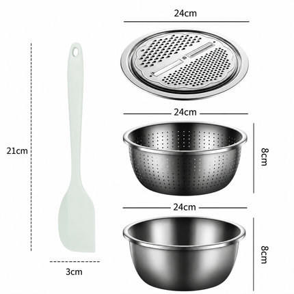 Home Salad Preparation Kit-Multifunctional Stainless Steel Vegetable Grater Bowl Set and Silicone Spatula - 28cm Kitchen Prep Tool for Slicing, Shredding, Washing and Mixing