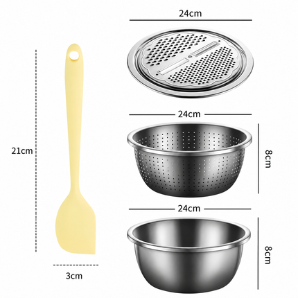 Home Salad Preparation Kit-Multifunctional Stainless Steel Vegetable Grater Bowl Set and Silicone Spatula - 28cm Kitchen Prep Tool for Slicing, Shredding, Washing and Mixing