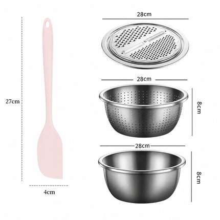 Home Salad Preparation Kit-Multifunctional Stainless Steel Vegetable Grater Bowl Set and Silicone Spatula - 28cm Kitchen Prep Tool for Slicing, Shredding, Washing and Mixing