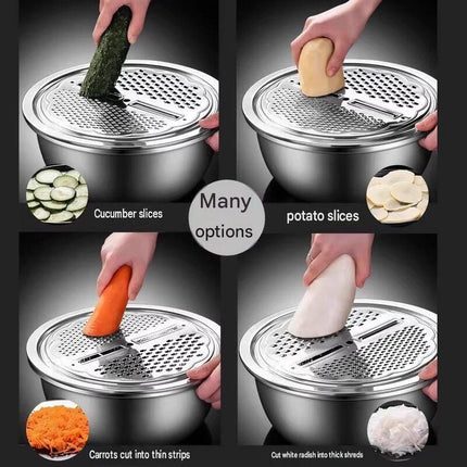 Home Salad Preparation Kit-Multifunctional Stainless Steel Vegetable Grater Bowl Set and Silicone Spatula - 28cm Kitchen Prep Tool for Slicing, Shredding, Washing and Mixing
