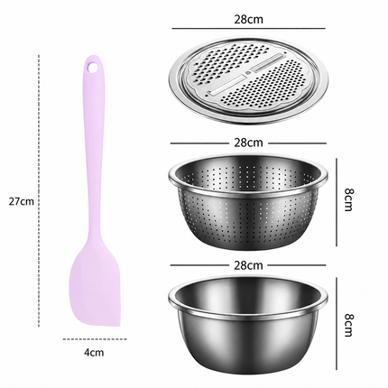 Home Salad Preparation Kit-Multifunctional Stainless Steel Vegetable Grater Bowl Set and Silicone Spatula - 28cm Kitchen Prep Tool for Slicing, Shredding, Washing and Mixing