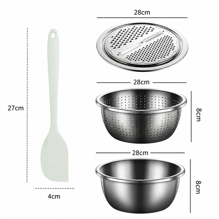 Home Salad Preparation Kit-Multifunctional Stainless Steel Vegetable Grater Bowl Set and Silicone Spatula - 28cm Kitchen Prep Tool for Slicing, Shredding, Washing and Mixing