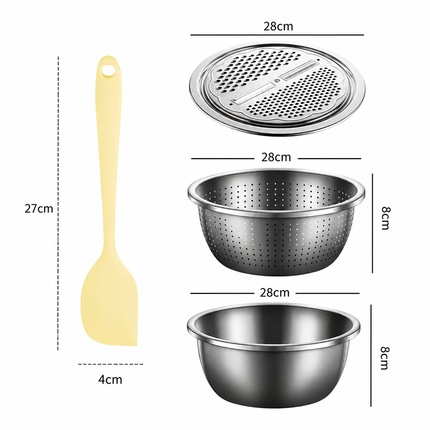 Home Salad Preparation Kit-Multifunctional Stainless Steel Vegetable Grater Bowl Set and Silicone Spatula - 28cm Kitchen Prep Tool for Slicing, Shredding, Washing and Mixing