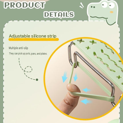 Crocodile shape Kitchen Heat Resistant Set - Adjustable Stainless Steel Plate Lifter, Non-Slip Bowl Clip and Silicone Oven Mitts - Anti-Scald Dish Grip for Steamer and Baking, Space Saving Storage