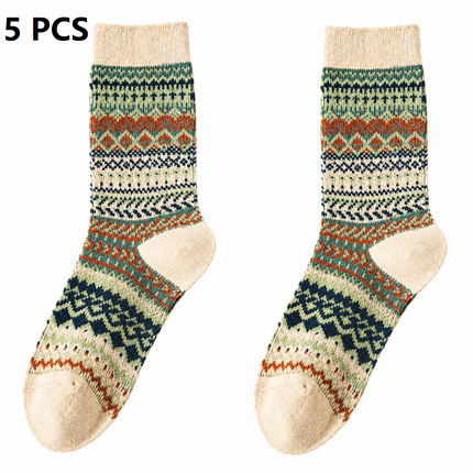 5-pcs Apricot Retro Ethnic Mid-Calf Socks for Women - Soft Cotton Blend, Seamless Toe, Non-Slip Heel, High Elastic Cuff, Versatile Autumn Winter Fashion Accessory