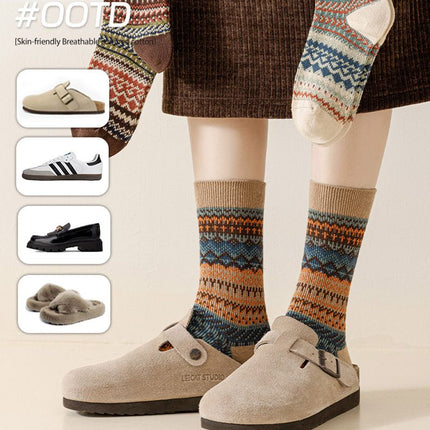 5-pcs Apricot Retro Ethnic Mid-Calf Socks for Women - Soft Cotton Blend, Seamless Toe, Non-Slip Heel, High Elastic Cuff, Versatile Autumn Winter Fashion Accessory