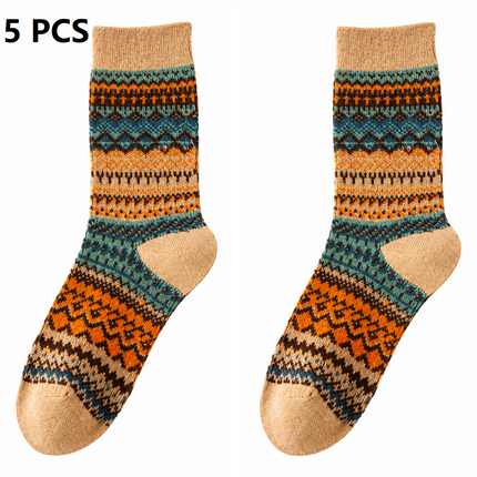5-pcs Khaki Retro Ethnic Mid-Calf Socks for Women - Soft Cotton Blend, Seamless Toe, Non-Slip Heel, High Elastic Cuff, Versatile Autumn Winter Fashion Accessory