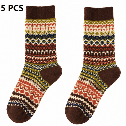 5-pcs Coffee Retro Ethnic Mid-Calf Socks for Women - Soft Cotton Blend, Seamless Toe, Non-Slip Heel, High Elastic Cuff, Versatile Autumn Winter Fashion Accessory