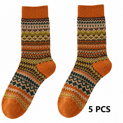 5-pcs Orange-red Retro Ethnic Mid-Calf Socks for Women - Soft Cotton Blend, Seamless Toe, Non-Slip Heel, High Elastic Cuff, Versatile Autumn Winter Fashion Accessory