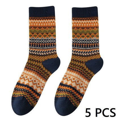 5-pcs Navy blue Retro Ethnic Mid-Calf Socks for Women - Soft Cotton Blend, Seamless Toe, Non-Slip Heel, High Elastic Cuff, Versatile Autumn Winter Fashion Accessory