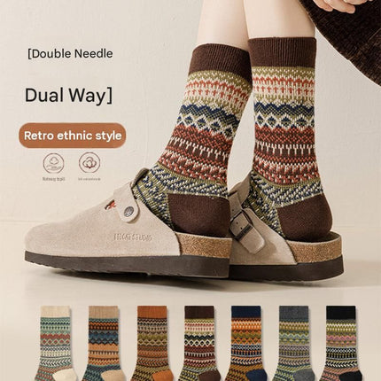 5-pcs Navy blue Retro Ethnic Mid-Calf Socks for Women - Soft Cotton Blend, Seamless Toe, Non-Slip Heel, High Elastic Cuff, Versatile Autumn Winter Fashion Accessory