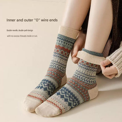 5-pcs Navy blue Retro Ethnic Mid-Calf Socks for Women - Soft Cotton Blend, Seamless Toe, Non-Slip Heel, High Elastic Cuff, Versatile Autumn Winter Fashion Accessory