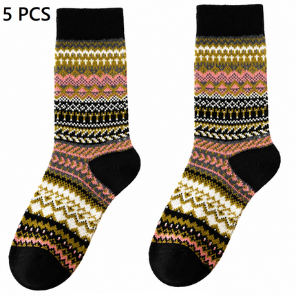 5-pcs Black Retro Ethnic Mid-Calf Socks for Women - Soft Cotton Blend, Seamless Toe, Non-Slip Heel, High Elastic Cuff, Versatile Autumn Winter Fashion Accessory