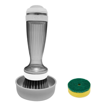 Grey Liquid Dispensing Kitchen Brush - 120ml Handle Reservoir, Replaceable Bristle and Sponge Heads, Ergonomic Long Handle for Pots Pans and Countertops