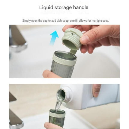 Grey Liquid Dispensing Kitchen Brush - 120ml Handle Reservoir, Replaceable Bristle and Sponge Heads, Ergonomic Long Handle for Pots Pans and Countertops