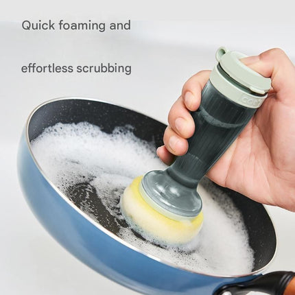 Green Liquid Dispensing Kitchen Brush - 120ml Handle Reservoir, Replaceable Bristle and Sponge Heads, Ergonomic Long Handle for Pots Pans and Countertops