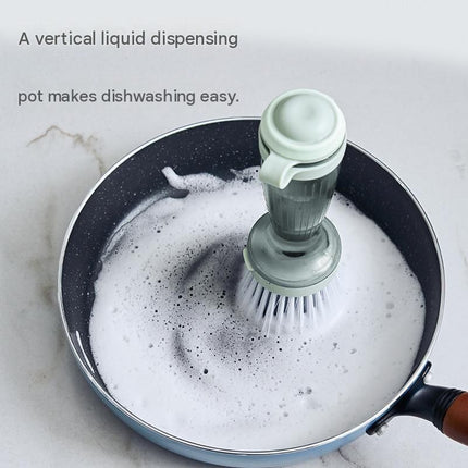 Green Liquid Dispensing Kitchen Brush - 120ml Handle Reservoir, Replaceable Bristle and Sponge Heads, Ergonomic Long Handle for Pots Pans and Countertops