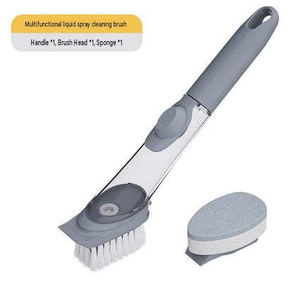 Grey Long Handle Liquid Dispensing Dish Brush(1 brush head+1 sponge brush head) - TPR and PP Construction - Press Button Soap Release,  Non Slip Grip, Kitchen Pot Pan Sink Cleaning Tool